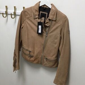 Mauritius Women's leather Zoe Fringe Moto Jacket - Tan